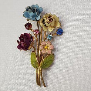 Vintage Signed Made in Austria Floral and Rhinestone Bouquet Pin